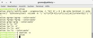 Abbildung 3: Das erste Kommando zeigt die vom Distributor eingerichteten Aliase (hier unter Ubuntu). Danach hebt "unalias -a" alle Definitionen auf, wie der anschlie&szlig;ende "alias"-Befehl best&auml;tigt. 