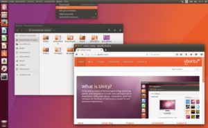 Abbildung 9: Der Unity-Desktop zeigt seine Verwandtschaft mit Gnome: Dock am linken Rand und Globalmen&uuml; am oberen Rand. 