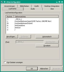 Abbildung 3: Windows verwendet Laufwerksbuchstaben – denen können Sie in "winecfg" Linux-Verzeichnisse zuordnen.