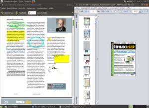 Abbildung 2: W&auml;hrend Evince die mit Okular gemachten Anmerkungen problemlos anzeigt (links), stellt PDF Studio nur eine graue Seite in der Vorschau dar (rechts). 