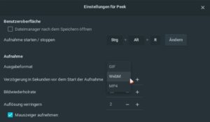 Abbildung 2: In den <span class="ui-element">Einstellungen</span> wählen Sie das Videoformat aus. Neben GIF unterstützt Peek WebM und MP4.