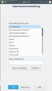 Abbildung 3: Subvolumes legen Sie unter OpenSuse dank YaST einfach und schnell an, entfernen diese und verwalten deren Gr&ouml;&szlig;e. 