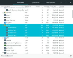 Abbildung 5: Die Systemüberwachung zeigt, dass der Firefox 54 das Rendern von Webinhalten (<span class="ui-element">Web Content</span>) auf mehrere Prozesse verteilt.