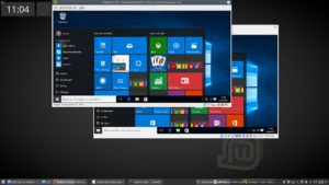 Abbildung 6: Im Modus <span class="ui-element">Automatische Anpassung der Gastanzeige</span> richten sich die Desktops der Gastsysteme nach der Gr&ouml;&szlig;e des umgebenden Fensters. Im Vordergrund der Vmware Player, dahinter Virtualbox. 