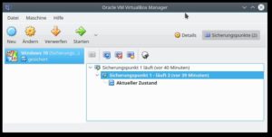 Abbildung 8: Virtualbox erlaubt das Erstellen von Snapshots, mit deren Hilfe Sie ein System wieder in den gesicherten Zustand zur&uuml;ckversetzen. 