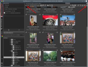 Abbildung 1: Im Modus <span class="ui-element">Dateiverwaltung</span> (rot umrandet) arbeitet Rawtherapee praktisch als Bild-Browser. &Uuml;ber die Pfeiltasten oben (rote Pfeile) blenden Sie die Panele links und rechts aus und ein. 