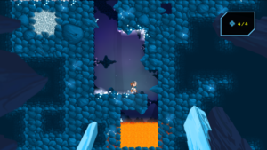 In ausweglosen Situationen wie hier kann man sich absichtlich in die Lava-Grube und somit den Tod stürzen. Das Spiel setzt dann den Helden wieder zum Anfang des Levels zurück.