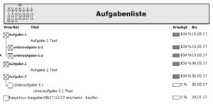 Abbildung 17: In der automatisch f&uuml;r den Druck zusammengestellten Aufgaben-Liste sind erledigte Aufgaben durchgestrichen und zu Anfang eingef&uuml;gte Kommentare nun zu lesen. 