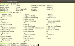 Abbildung 1: Die Tab-Completion berücksichtigt auch Parameter und Optionen. Ist die Liste der Möglichkeiten zu lang, fragt die Bash nach, ob Sie alle Treffer sehen möchten.
