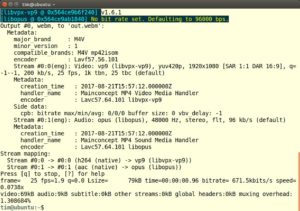 Abbildung 2: Da hier nicht explizit eine Bitrate vorgegeben wurde, w&auml;hlt Ffmpeg einfach selbst eine. Die Verarbeitung l&auml;sst sich jederzeit mit [Q] abbrechen. 