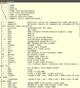 Abbildung 3: Die Namen der unterst&uuml;tzten Codecs f&uuml;r die Parameter <code>-c:v</code> und <code>-c:a</code> stehen in der zweiten Spalte. 