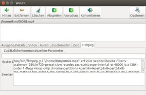 Abbildung 5: WinFF zeigt auf dem Register <span class="ui-element">Ffmpeg</span> den kompletten Ffmpeg-Befehl an, mit dem es das Video gleich konvertiert. 