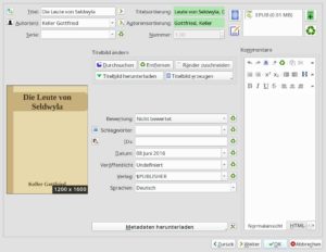 Abbildung 5: Im Metadaten-Editor korrigieren oder vervollständigen Sie Metainformationen wie Titel, Schlagwörter oder Inhaltszusammenfassung. Calibre zapft zahlreiche Online-Datenquellen an und erzeugt notfalls ein generisches Cover-Bild.