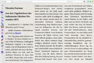 Abbildung 6: Die Anzeige des eingebauten E-Book-Readers lässt sich mit benutzerdefiniertem CSS-Code konfigurieren – hier mit der Fenstergröße gemäß fließenden Spalten und Papierstrukturhintergrund.