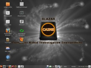 Abbildung 1: Der Desktop von Caine wirkt aufgrund der dunklen Farben rustikal. 