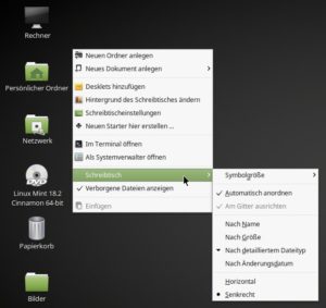Abbildung 4: Cinnamon 3.4 sortiert die Desktop-Icons nach verschiedenen Kriterien (Rechtsklick auf den Hintergrund und "Schreibtisch" aus dem Kontextmen&uuml;). 