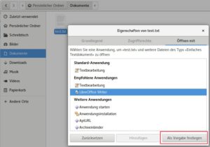Abbildung 5: Unter Gnome legen Sie &uuml;ber die Einstellungen einer Datei die Standardanwendung f&uuml;r den Dateityp fest. 