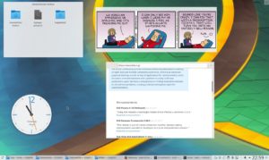Abbildung 3: Der KDE-Desktop dient wahlweise als klassische Icon-Ablage (&uuml;ber den Ordner "Schreibtisch") oder erlaubt &ndash; wie hier links oben &ndash; per Widget Zugriff auf den "Schreibtisch". 