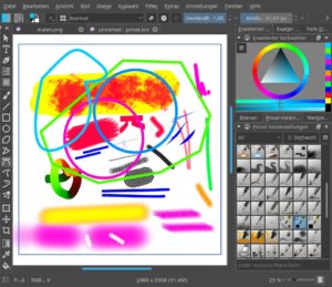 Abbildung 2: Krita ist ein Malprogramm und erzeugt Bitmap-Grafiken. Es besticht mit seinen vielen authentischen Pinseln beim Malen mit der Maus oder einem Grafiktablett. Es zeichnet auch Vektorformen (Ellipsen, Vielecke, B&eacute;zier-Kurven), die sich allerdings nicht nachtr&auml;glich bearbeiten lassen. 