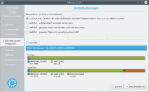 Abbildung 2: Die Standardsituation: Windows belegt die ganze Platte; dann schl&auml;gt der Installer vor, diesen Platz aufzuteilen. 