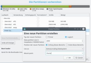 Abbildung 3: Legen Sie Partitionen selbst an, geben Sie jeweils Gr&ouml;&szlig;e, Dateisystem und "Mount point" an. 