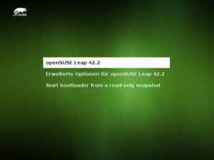 Abbildung 2: OpenSuse Leap 42.2 zeigt dieses etwas h&uuml;bschere Startmen&uuml; an. In diesem Fall ist als einziges Betriebssystem OpenSuse Leap installiert. 