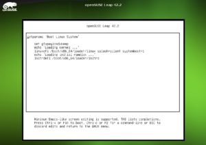Abbildung 4: Auf UEFI-Systemen ist der im Editor angezeigte Text meist &uuml;bersichtlicher (hier am Beispiel von OpenSuse Leap mit grafischem Rahmen um Grub herum). 