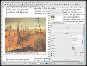 Abbildung 19: Bildobjekte mit genau definierten Umflussr&auml;ndern sind eine der St&auml;rken von DTP-Programmen. Die obere Bibliothek-Palette speichert die Ma&szlig;e einmal erstellter Objekte, so dass sich zum Beispiel Bilder mit gleichem Umflussabstand jederzeit m&uuml;helos einf&uuml;gen lassen. 