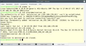 Abbildung 2: Vor dem Einloggen auf dem Backupserver bestätigen Sie (einmalig) den Fingerabdruck. Bei der Arbeit auf dem Server sehen sie einen geänderten Shell-Prompt.