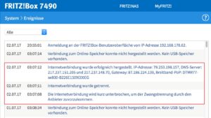 Abbildung 4: Im Ereignisprotokoll des Routers finden Sie Hinweise zum Zeitpunkt der Zwangstrennung durch den Provider.