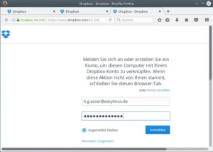 Abbildung 7: Für die Konfiguration des Dropbox-Daemons auf Ihrem Linux-PC geben Sie im Browser die Zugangsdaten ein.