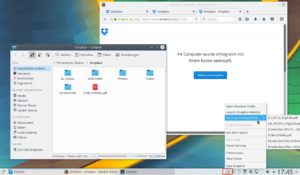 Abbildung 8: Dolphin zeigt unter KDE den Dropbox-Ordner an; in der Startleiste taucht ein Dropbox-Icon auf, das schnellen Zugriff auf den Dropbox-Ordner und Informationen &uuml;ber neue Dateien bietet. 