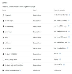 Abbildung 9: Die Dropbox-Webseite verrät auch, welche Geräte Sie eingerichtet haben.