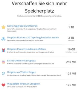 Abbildung 10: Die anfänglichen 2 GByte sind schnell verbraucht, Dropbox bietet verschiedene Möglichkeiten, den Platz zu vergrößern.