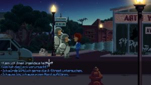 Abbildung 5: In Thimbleweed Park sind nicht nur die meisten Gesch&auml;fte geschlossen, der defekte Hydrant versperrt auch noch den Weg in die "A Street". Vielleicht kann man den Klempnern irgendwie helfen. 