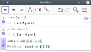 Abbildung 1: Geogebra löst auf Wunsch Gleichungen mit mehreren Unbekannten. Um die Ergebnisse für bestimmte Variablen zu ermitteln, genügt es, diese zusammen mit den Gleichungen in der Liste einzutragen.
