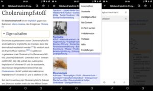 Abbildung 2: Unter Android stellt Kiwix die Wikipedia mit einklappbaren Kapiteln dar und bindet die Android-Vorlesefunktion ein. Das Menü rechts oben gestattet das Öffnen mehrerer Tabs.
