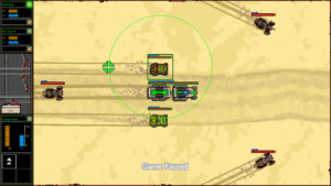 Kommt es zum Kampf, schaltet das Spiel in diese Darstellung um. Nur Gegner im grünen Kreis greift das entsprechende Fahrzeug an. Das grüne Fadenkreuz markiert die neue Position des Fahrzeugs.