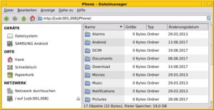 Abbildung 3: Das via MTP eingebundene Mobiltelefon pr&auml;sentiert sich im Dateimanager Thunar. 