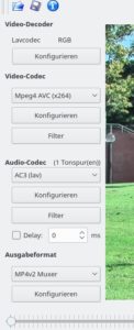 Abbildung 4: Mit den gezeigten Einstellungen speichert Avidemux den Film als MP4-Datei, wobei es das Video in x.264 und den Ton mit AC3 komprimiert. 