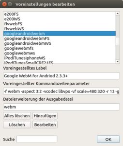 Abbildung 4: Mit dieser Vorlage &uuml;berf&uuml;hrt der FF Multi Converter das Video ins WebM-Format, das f&uuml;r Mobilger&auml;te ab Android&nbsp;2.2.3 optimiert ist, und nutzt dabei eine Aufl&ouml;sung von 480&nbsp;x&nbsp;320 Pixeln. 