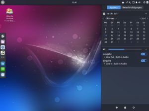 Abbildung 6: Der Budgie-Desktop basiert zwar auf Gnome, setzt aber mit seinem MacOS recht ähnlichen Starter-Dock und der rechts gelegenen Schublade für Applets und Nachrichten deutliche eigene Akzente.