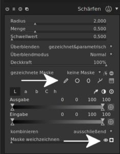 Abbildung 9: Gezeichnete Masken lassen sich mit fünf Zeichenwerkzeugen erzeugen (oben), parametrische in fünf Parameterräumen (Mitte). Um die Wirkung sehen zu können, lässt sich die Maske anzeigen (unten).