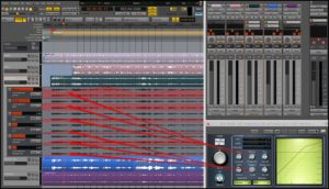 Abbildung 10: Ardour ist ein Mehrspurrekorder (links) mit "motorgetriebenen" Mixer- und Effektreglern: Die für die "Vocals"-Spur eingeblendeten roten Kurven steuern die Reglerpositionen des Compressor-Effekts.