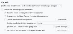 Abbildung 3: In den Einstellungen zur Chronik, l&auml;sst sich auch die G&uuml;ltigkeit von Cookies festlegen.