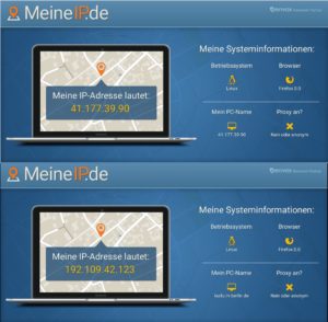 Abbildung 3: Oben: Die IP-Adresse des Client-Rechners vor der Maskierung. Unten: Die &ouml;ffentliche Adresse beim Surfen &uuml;ber den Socks-Proxy.