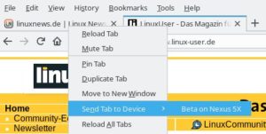Abbildung 8: Eine neue Funktion erlaubt es, Tabs an andere mit dem Firefox-Konto verbundenen Geräte zu senden.