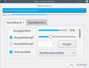 Abbildung 3: KDE bietet im Konfigurationsdialog einen Schieberegler, um die eigenen Programme hochzuskalieren. Das &auml;ndert aber nur die Anzeige von Qt5-Anwendungen. 
