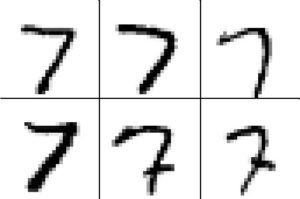 Abbildung 1: Handgeschriebene Ziffern 7 aus der MNIST-Datenbank.