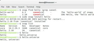 Abbildung 5: Installation und Ausf&uuml;hrung der Snap-Anwendung <code>hello</code> unter Ubuntu&nbsp;16.04.